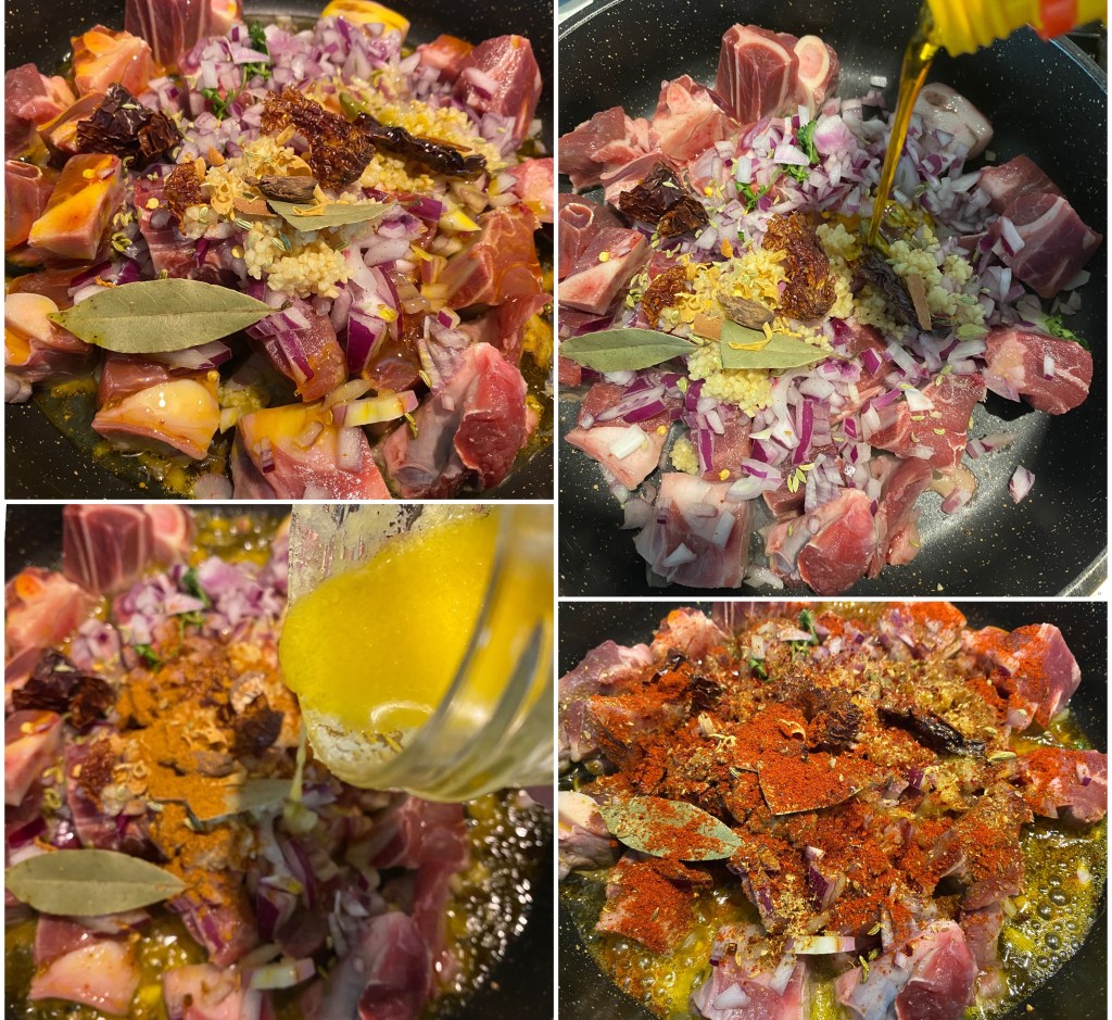 A collage of four images showing the process of preparing a meat dish. The first image features cubed meat, chopped onions, and spices in a frying pan. The second image captures oil being poured into the pan. The third image shows melted butter being added. The final image displays various seasonings sprinkled over the meat and vegetables.