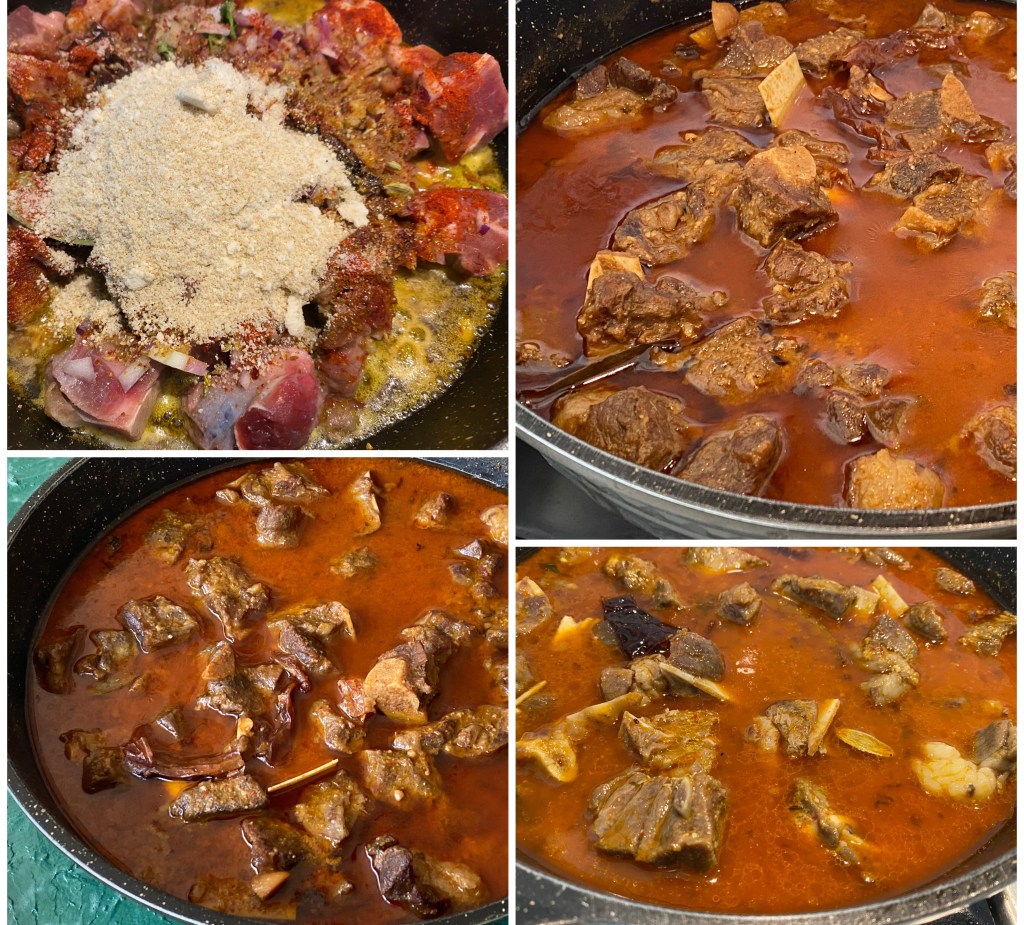 A collage of cooking steps featuring meat and spices in a pan, showing the preparation of a stew with ingredients like chopped meat, spices, and broth.