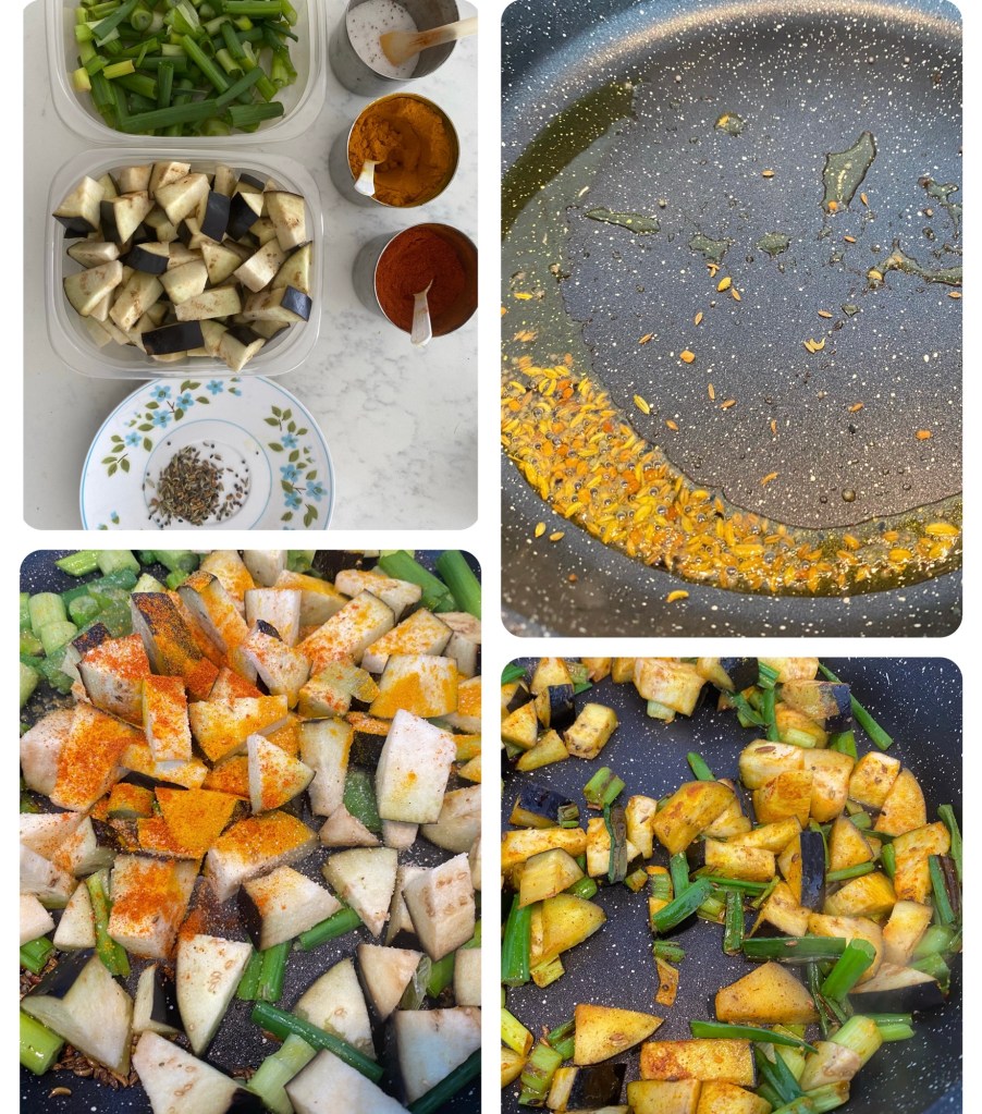 Ingredients for cooking including chopped green onions, eggplant, and various spices.
