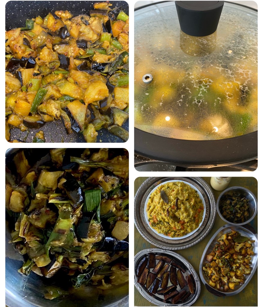 A pan with sautéed eggplant and vegetables, including green onions and spices.
