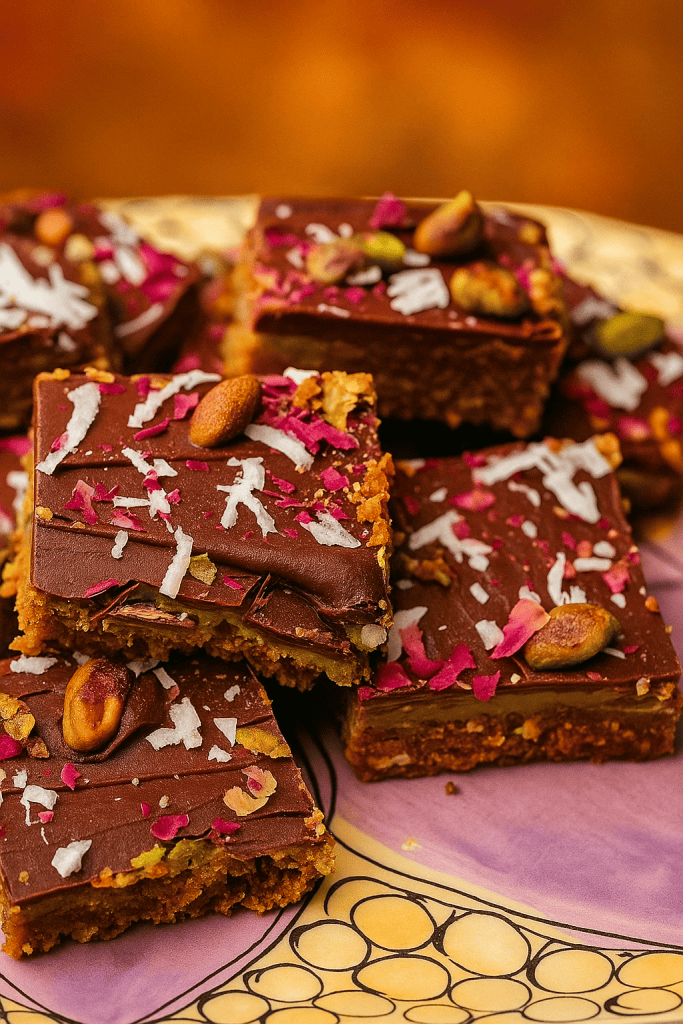 A close-up of chocolate dessert squares topped with coconut flakes, rose petals, and pistachios, arranged on a decorative plate.