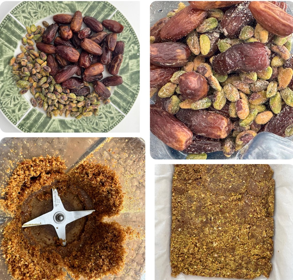 A plate with dried dates and pistachios arranged decoratively.