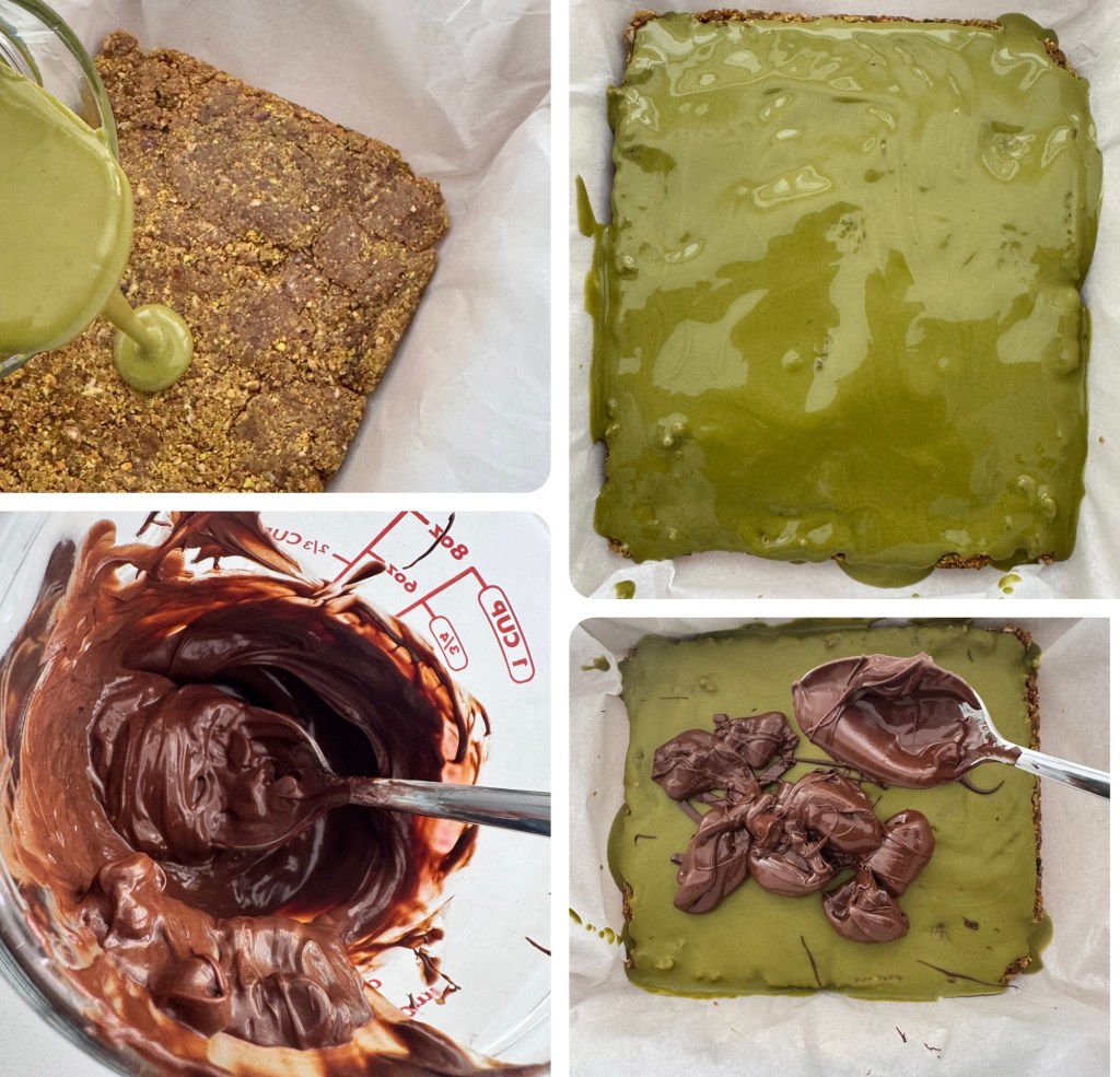 A step-by-step collage of making a dessert, featuring the process of pouring green topping over a crust, mixing chocolate, and layering chocolate on a green dessert base.