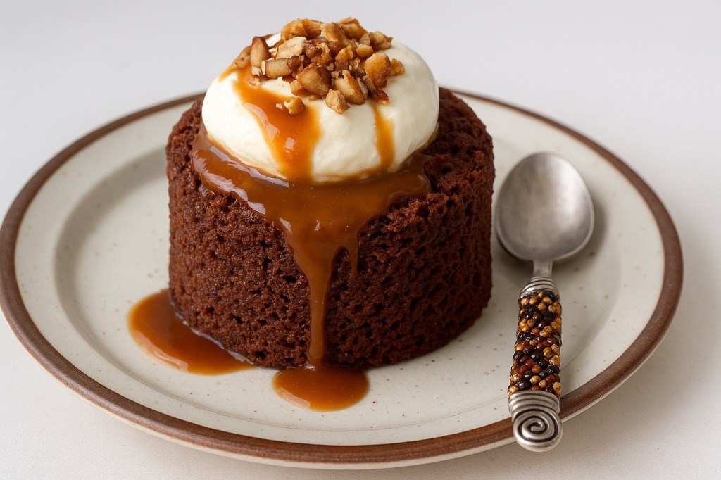 A chocolate mug cake topped with whipped cream, caramel sauce, and chopped nuts, served on a beige plate with a decorative spoon.