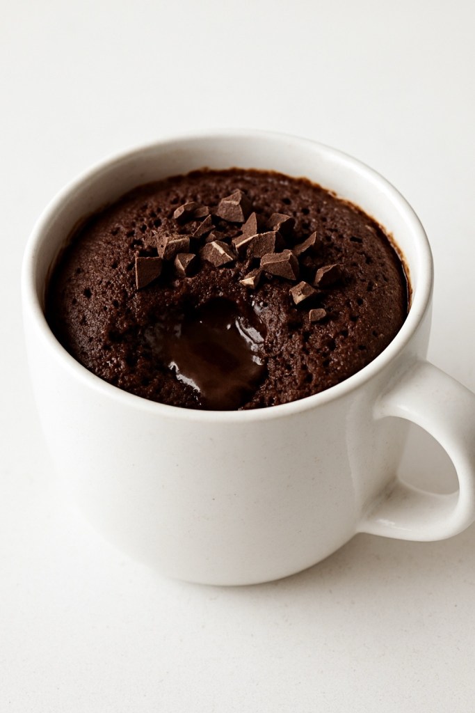 A chocolate mug cake topped with chocolate chunks, served in a white mug, showcasing a gooey center.
