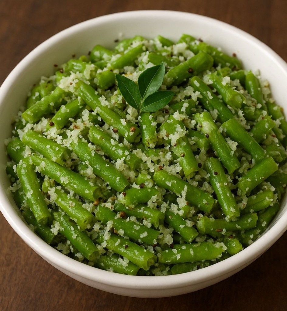 A bowl of Green Bean Poriyal, a South Indian dish, featuring chopped green beans stir-fried with grated coconut, mustard seeds, and curry leaves.