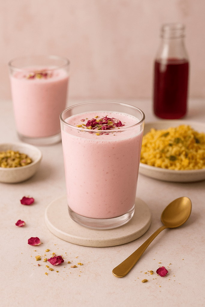 A chilled, pink rose-flavored lassi topped with crushed rose petals and pistachios, served in clear glasses on a light-colored table with a small gold spoon and rose petals scattered around.