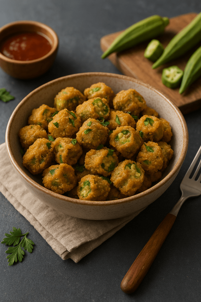 A bowl filled with golden, crispy fried okra bites garnished with fresh herbs, accompanied by a small bowl of dipping sauce and whole okra pods in the background.