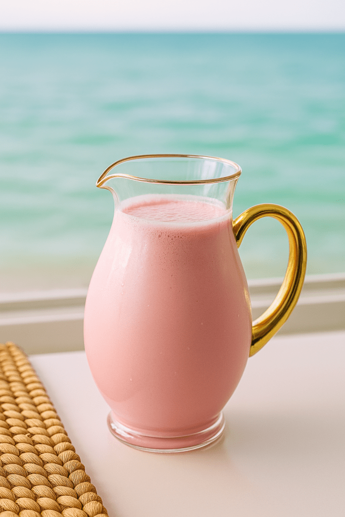 A glass pitcher filled with pink lassi, adorned with a golden handle, placed on a light-colored woven mat with a serene ocean background.