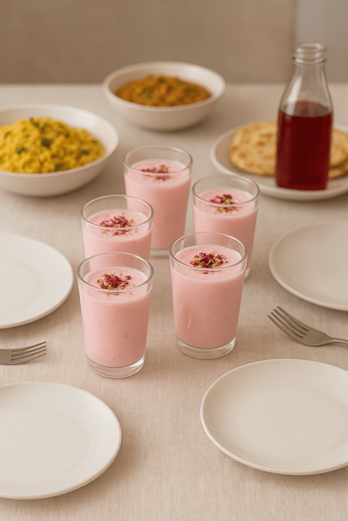Five glasses of pink rose lassi garnished with rose petals on a dining table, accompanied by a bottle of rose syrup, plates, and bowls of yellow lentils and bread.