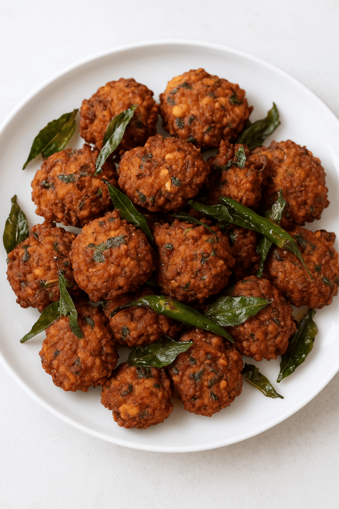 A serving of crispy chana dal pakoras on a white plate, garnished with fresh curry leaves.
