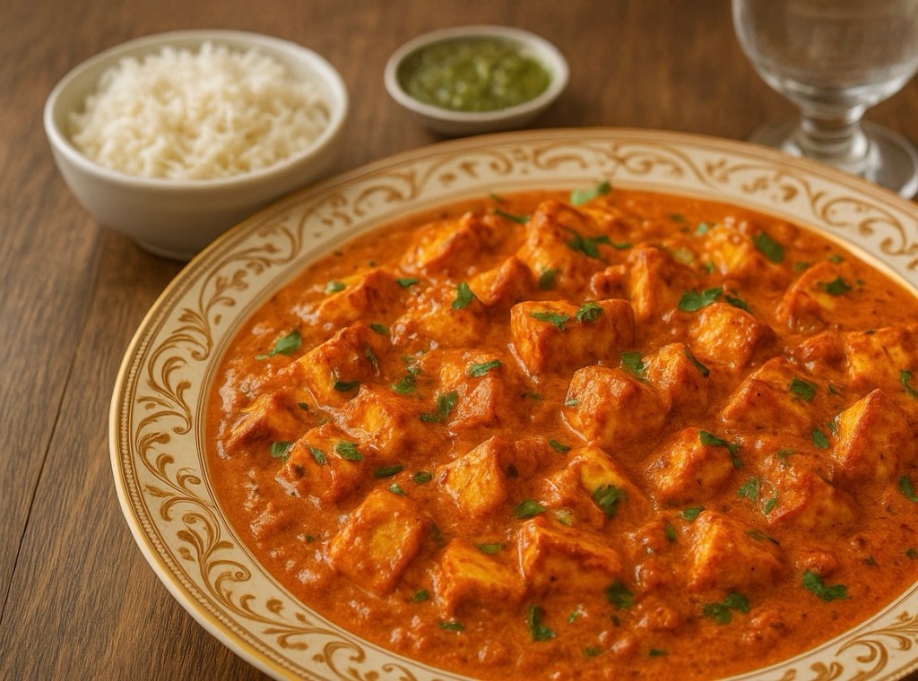 A serving of Paneer Butter Masala, featuring cubed paneer in a rich, creamy tomato-based gravy, garnished with fresh coriander, next to a bowl of basmati rice and a small dish of green chutney.