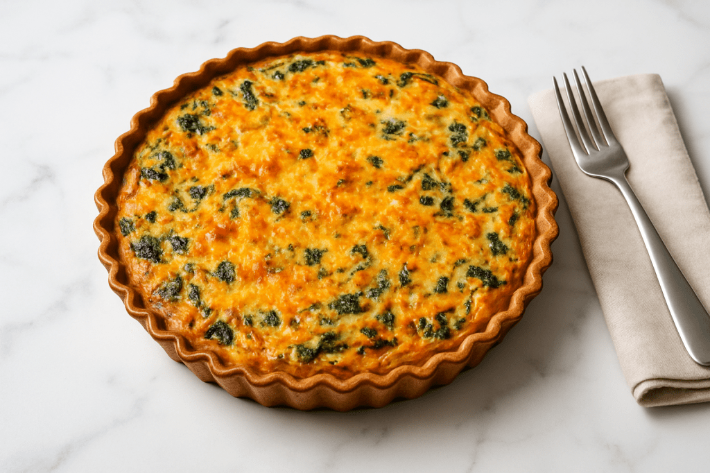 A baked frittata in a round tart pan, featuring a golden top with dark green spinach flecks, placed on a marble surface next to a folded beige napkin and a silver fork.