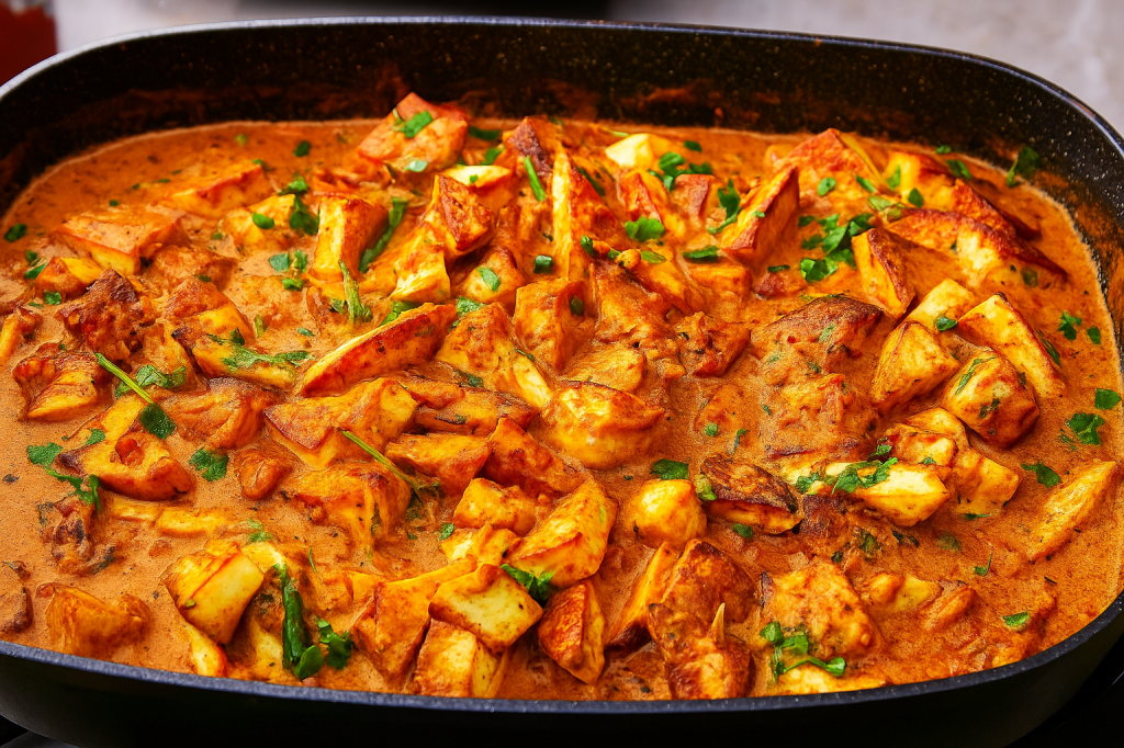 A close-up of a creamy Paneer Butter Masala dish featuring cubes of paneer in a rich, spiced tomato-based gravy, garnished with fresh coriander and offsetting spices.