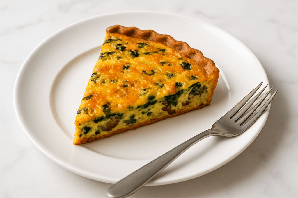 A slice of savory frittata on a white plate, showcasing a golden top with bits of green vegetables.