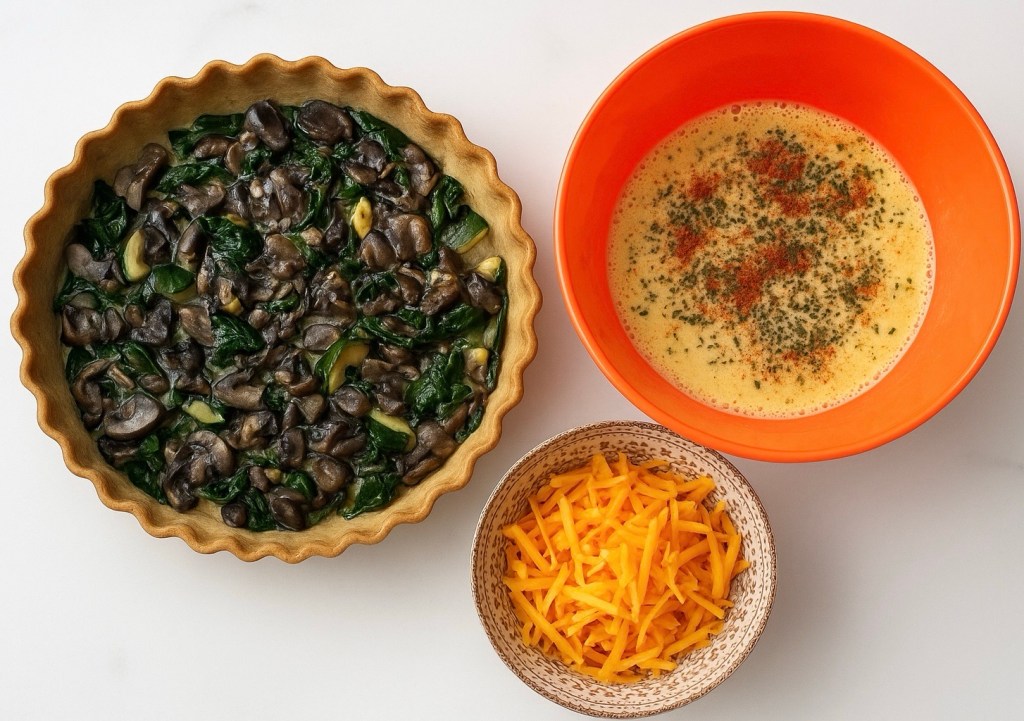 A dish preparation scene featuring sautéed mushrooms and spinach in a round dish, an orange bowl with a whisked egg mixture, and a small bowl of grated cheddar cheese on a light surface.