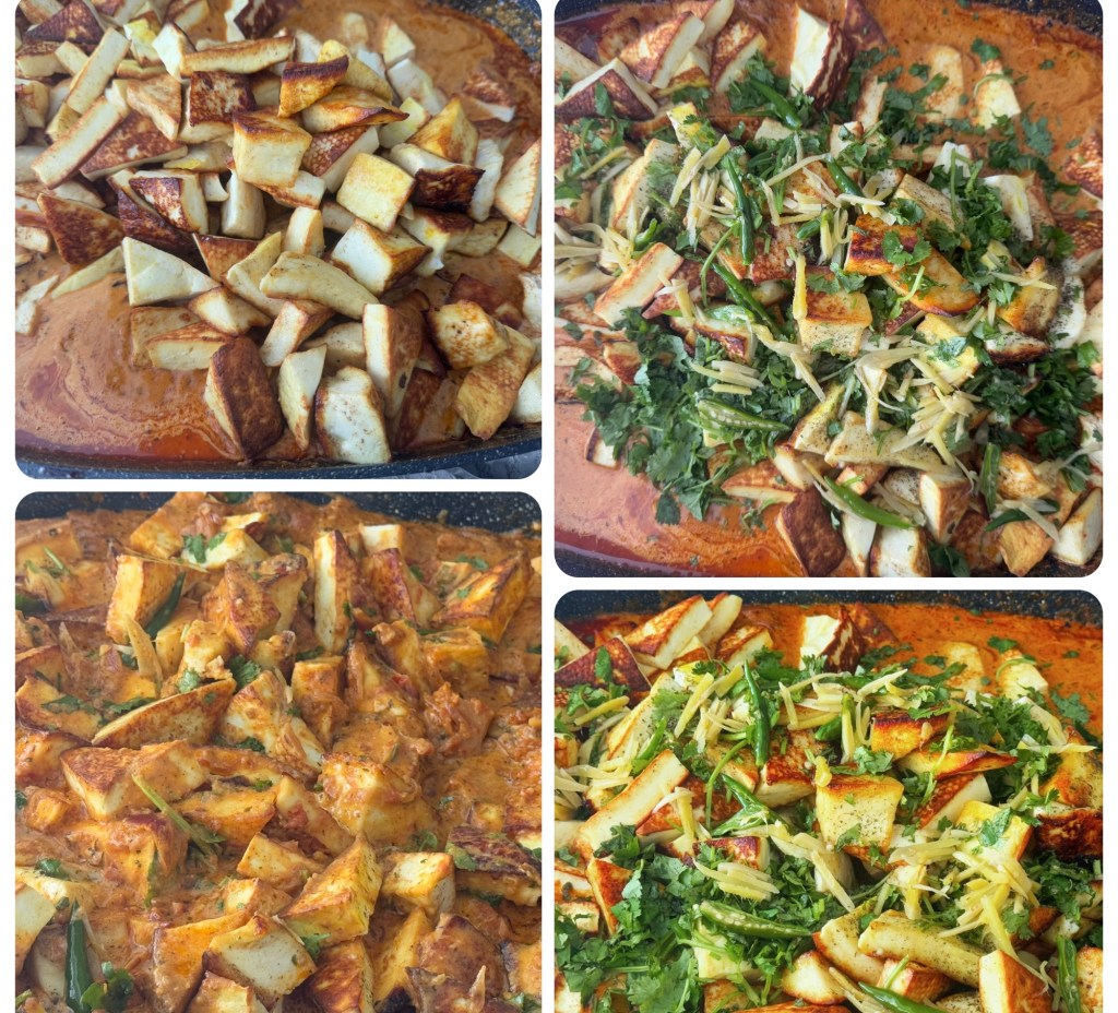 A close-up of Paneer Butter Masala being prepared, featuring cubed paneer mixed in a creamy tomato-based gravy garnished with fresh coriander and ginger.