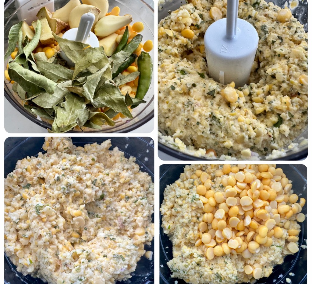 Ingredients for chana dal pakoras in a food processor, including chana dal, curry leaves, green chilies, ginger, and garlic.
