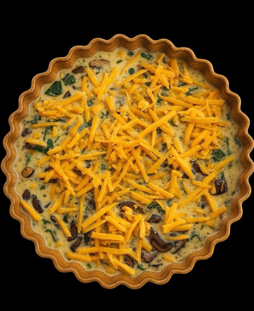 A savory frittata in a round baking dish, featuring a mixture of sautéed vegetables including spinach, mushrooms, and topped with shredded cheddar cheese.