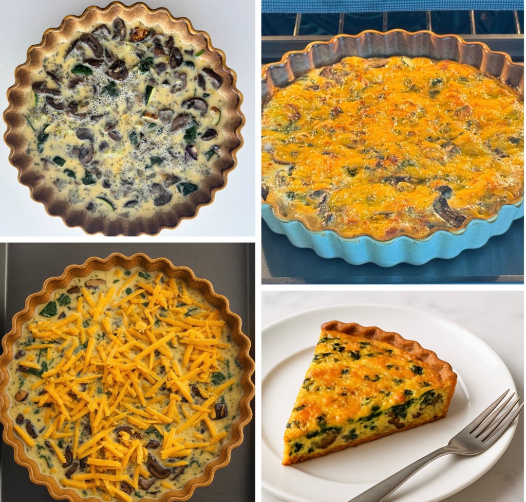 A savory frittata filled with sautéed courgette, onions, mushrooms, spinach, and broccoli in a scalloped baking dish.