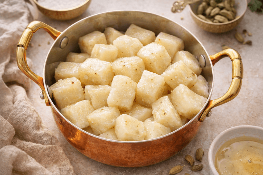 A copper pot filled with square pieces of coconut dessert, garnished with cardamom, on a light textured surface.