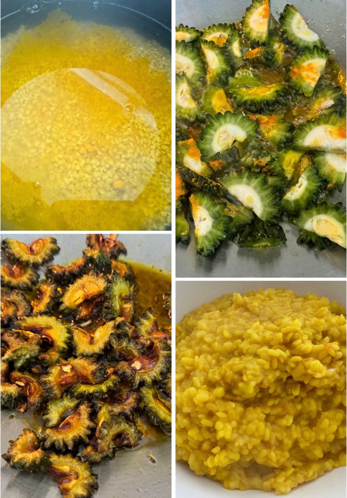 Top left: A pot of yellow oil with lentils.