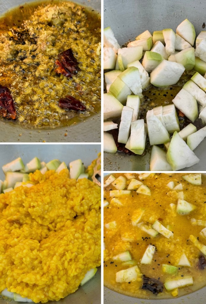 Four-panel image showing the cooking process of a dish. Top left: simmering oil with spices and dried red chilies. Top right: chopped green vegetables in a pot. Bottom left: cooked yellow lentils or grains. Bottom right: mixture of cooked lentils and vegetables in a pot.