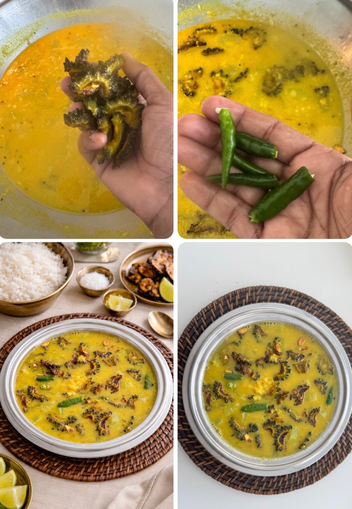 A hand holding bitter gourd above a pot of yellow curry.
