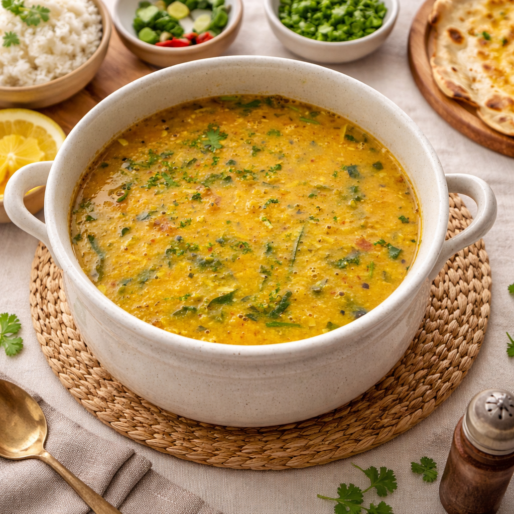 A bowl of dal curry garnished with fresh herbs, surrounded by side dishes including rice, chopped vegetables, and flatbread.