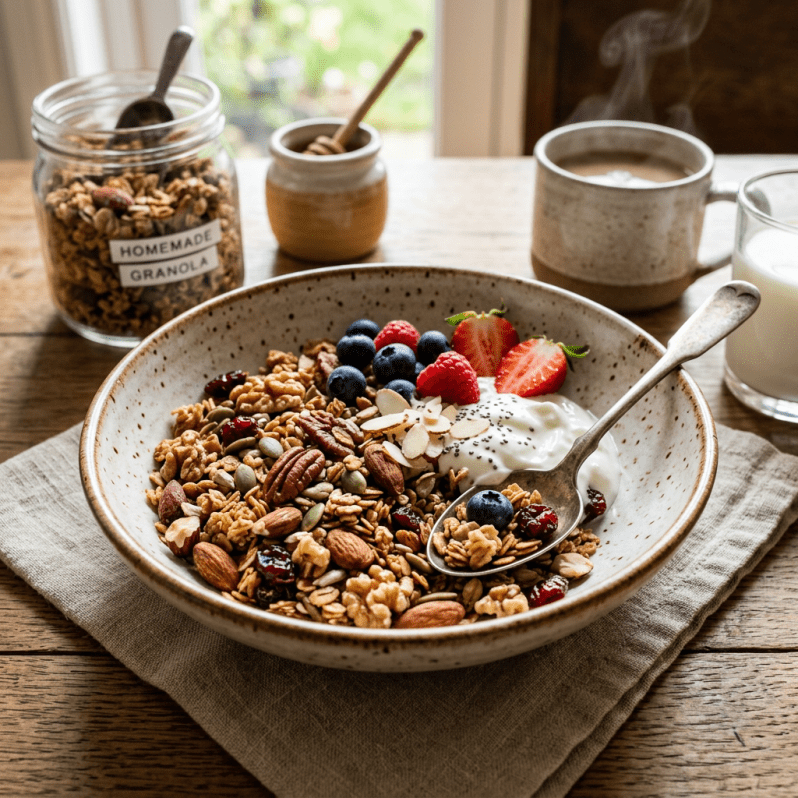 Bowl of granola with almonds, walnuts, pumpkin seeds, blueberries, strawberries, raspberries, and yogurt