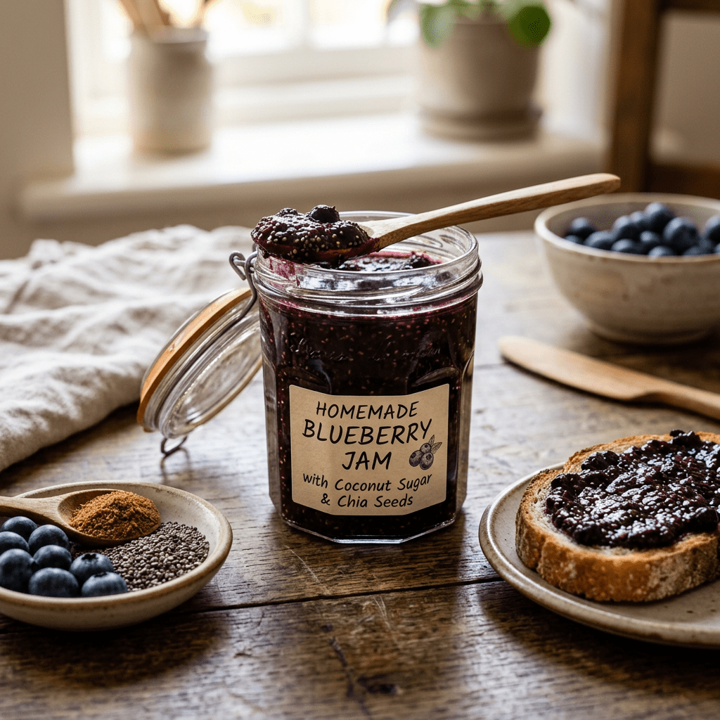 Jar of homemade blueberry jam with coconut sugar and chia seeds and spoon on rustic wooden table