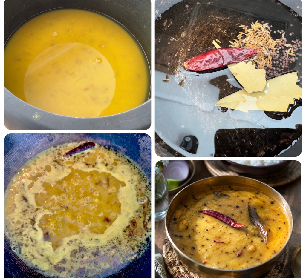 A pot with cooked lentil soup, showing a smooth, yellow texture.