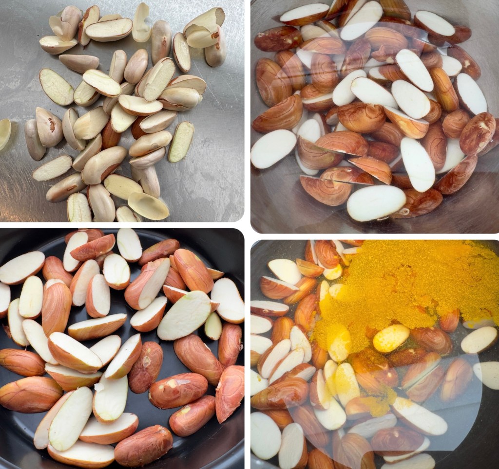 Various types of sliced nuts arranged on a metallic surface.