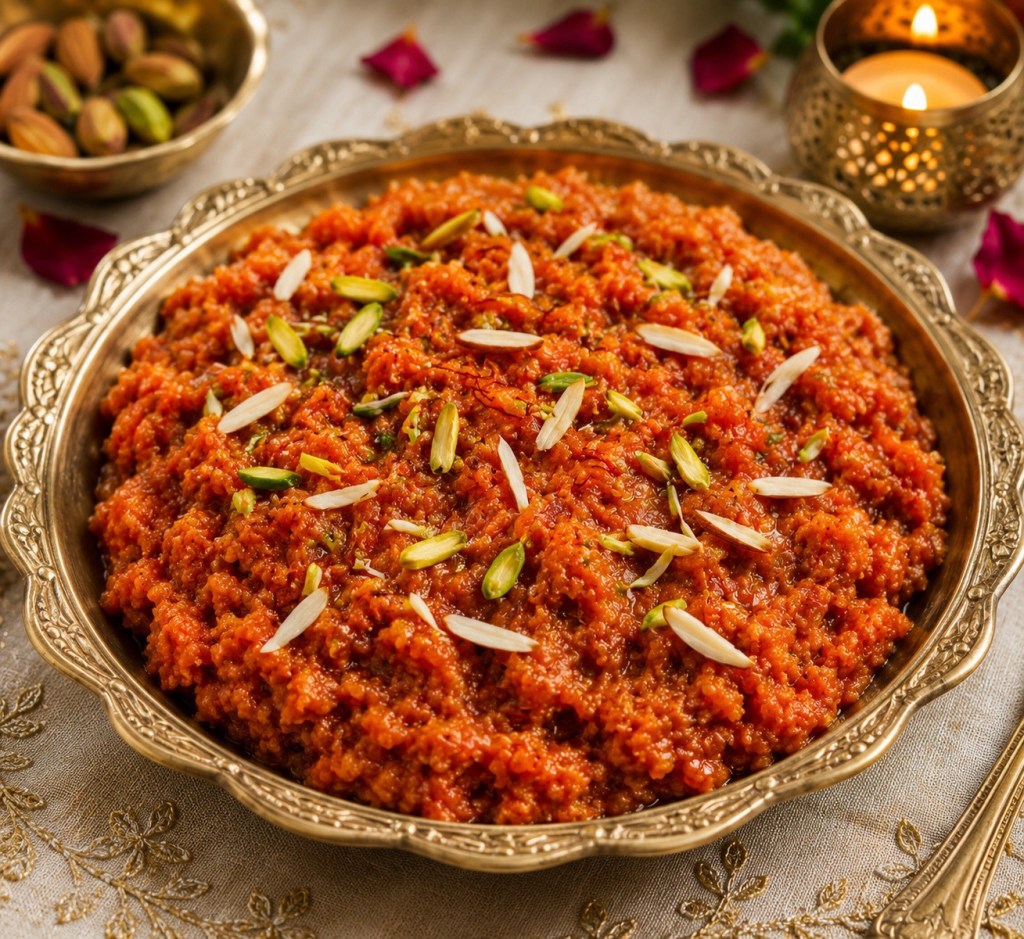 A traditional dessert presented in a decorative plate, featuring a bright orange sweet dish garnished with slivered almonds and green pistachios, surrounded by rose petals and a lit candle.