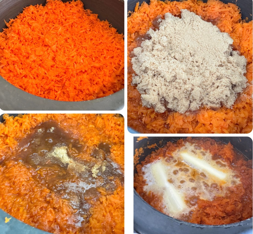 A close-up of grated carrots in a pot, showcasing a vibrant orange color.