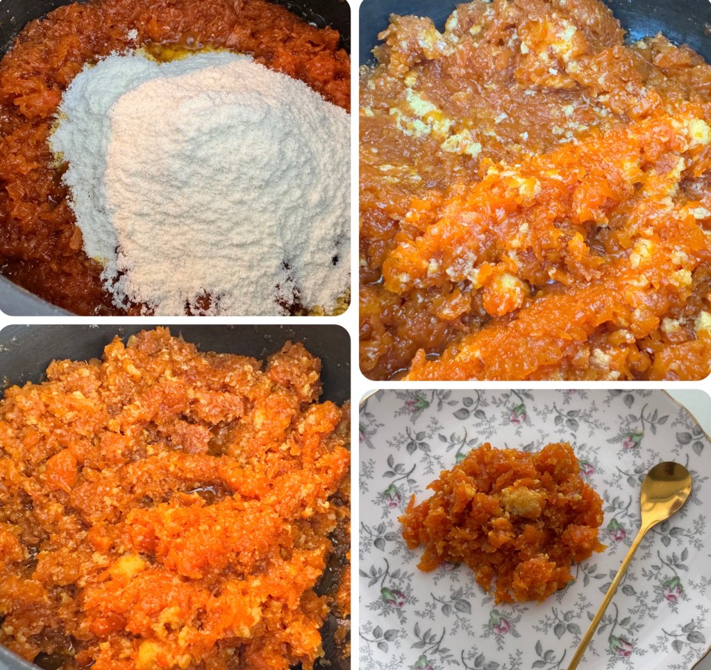 A collage of four images showing the preparation of a sweet dessert. The first image features grated carrots in a pan with added flour. The second image shows the dessert mixture cooking, becoming a rich orange color. The third image highlights the final texture of the mixture in the pan. The fourth image displays a serving of the dessert on a floral plate with a gold spoon.