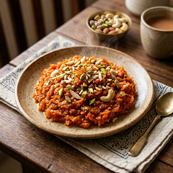 Orange Indian dessert topped with chopped nuts and saffron